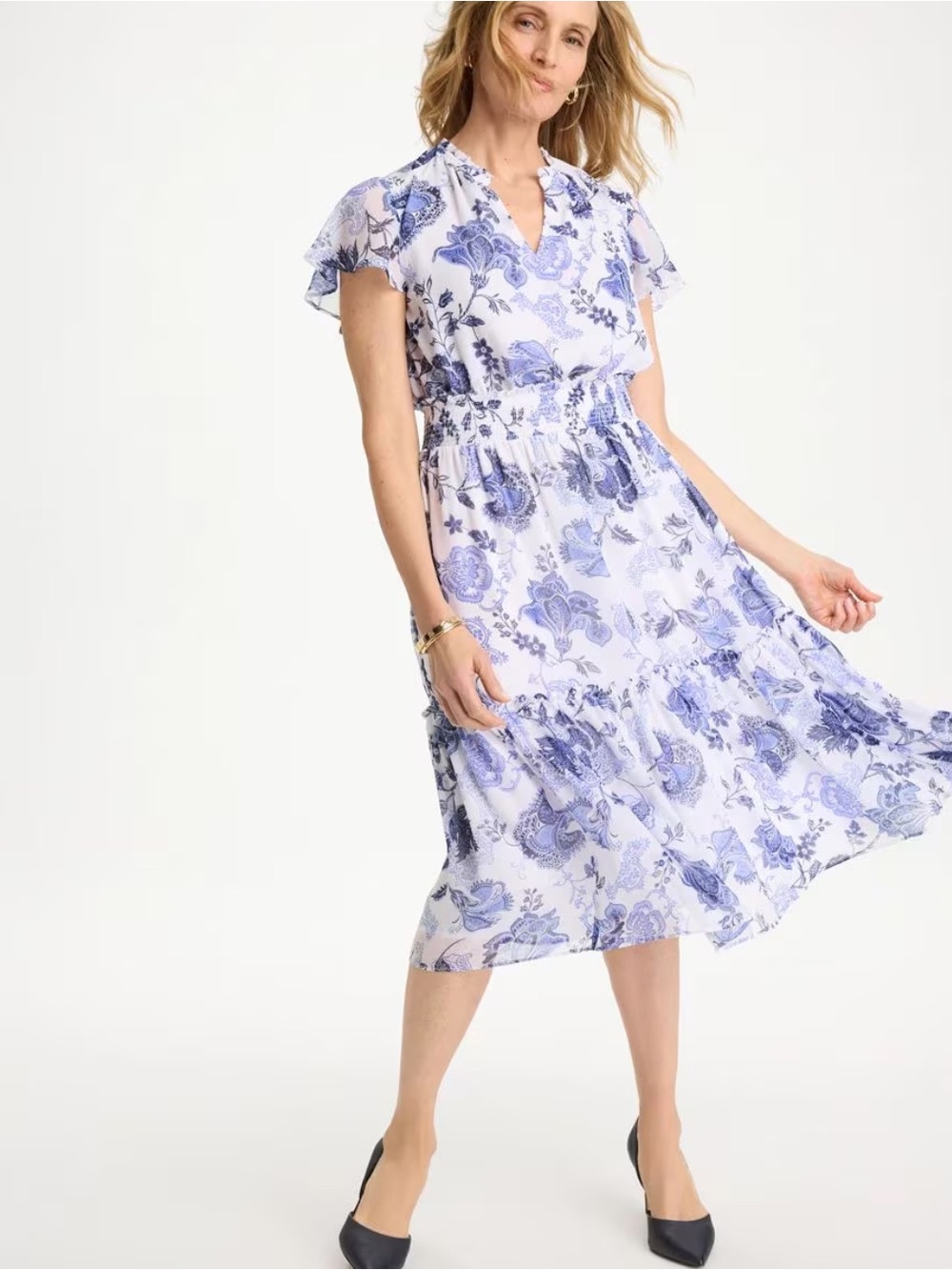 Chico's Floral Smocked Waist Dress in Alabaster NWT SIZE 0 (4/6 Small)